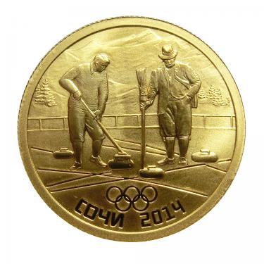 Goldmnze 50 Rubel Russland Olympia 2014 Sotchi - Curling in Holzbox mit Zertifikat