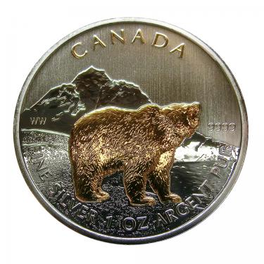 Silbermnze Canada Wild Life Grizzly 2011 Gilded - 1 Unze 999,9 Feinsilber