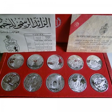 10 Silbermnzen 1 Dinar, Tunesien 1969 - Antike Persnl.und Gottheiten