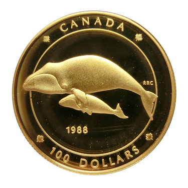 Goldmnze 1/4 Unze 100 Dollar Canada Grnlandwal 1988 polierte Platte mit Etui und Zertifikat