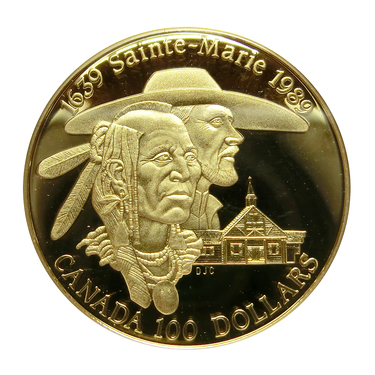 Goldmnze 1/4 Unze 100 Dollar Canada Sainte-Marie 1639-1989 polierte Platte mit Etui und Zertifikat