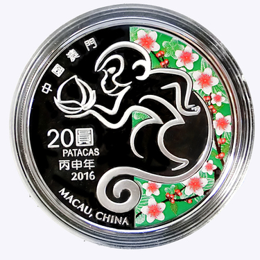 China Lunar Macau Silbermnze Affe 2016 - 1 Unze - coloriert PP