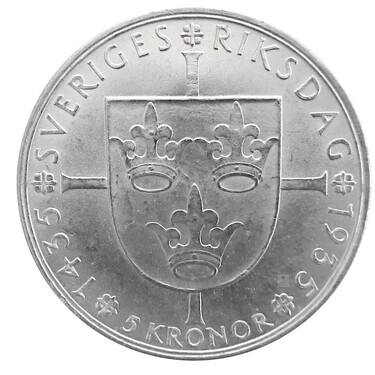 Silbermnze Schweden 5 Kronen, 500 Jahre Schwedischer Reichstag 1935