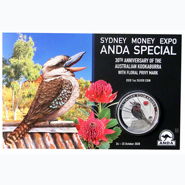 Silbermnze Kookaburra 2020 - 1 Unze Floral Privy Mark Sydney Money Expo im Blister