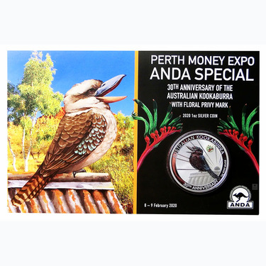 Silbermnze Kookaburra 2020 - 1 Unze Floral Privy Mark Perth Money Expo im Blister