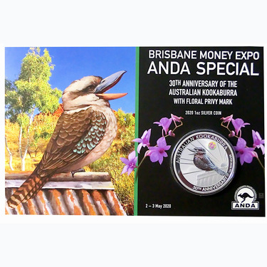 Silbermnze Kookaburra 2020 - 1 Unze Floral Privy Mark Brisbane Money Expo im Blister