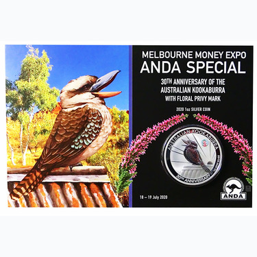 Silbermnze Kookaburra 2020 - 1 Unze Floral Privy Mark Melbourne Money Expo im Blister