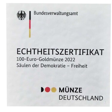 Zertifikat fr Sulen der Demokratie - Freiheit 2022 - 1/2 Unze - 100