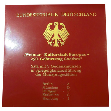 10 Mark Silbermnzen Blistersatz A - J, 1999 Goethe - Weimar - J.473 in PP