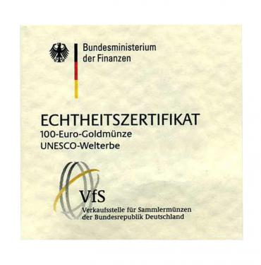 Zertifikat fr die Goldmnze Kloster Lorsch 2014